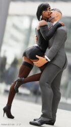 1boy 1girls 3d ass back-seamed_legwear black_eyes black_hair black_skirt blender blizzard_entertainment business_suit dark-skinned_female dark_skin elegant female hand_on_back high_heels high_resolution kiss knee_between_legs large_ass looking_away miniskirt office_lady overwatch pencil_skirt pharah pharah-best-girl shoes skirt skirt_suit stockings text thighhighs watermark