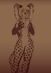 2020 areola blush breasts brown_theme cheetah clothing felid feline female genitals hi_res male mammal mihari monochrome nipples nude original original_character pussy scorpdk sepia sepia_tones straight thick_thighs thighs undressing