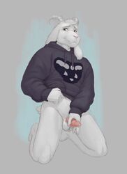 2020 anthro asriel_dreemurr bodily_fluids bovid caprine clothed clothing fur genitals goat hi_res hoodie horn humanoid_genitalia humanoid_penis larsclue long_ears male male_only mammal masturbation penile_masturbation penis simple_background solo topwear undertale video_games white_body white_fur