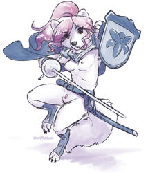 2020 4_toes 5_fingers arctic_fox areola breasts brown_eyes canid canine cape clothing eyebrows eyelashes female fingers fox genitals hair mammal melee_weapon nipples pink_hair pussy rapier shield sword toes unimpressive_(artist) weapon