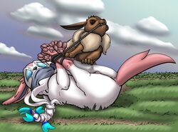 2girls animal_genitalia animal_pussy anus bandana bondage bound canine_pussy cloud digital_media_(artwork) duo ears_back eevee eeveelution feet female feral forced furry gag gagged grass_field hi_res hogtied larger_female legs_tied lying nintendo on_back original_character pawpads paws pivoted_ears pokémon_(species) pokemon pokemon_rgby pokemon_xy pussy rape_face raptorroper rope scared size_difference sky source_request sylveon video_games