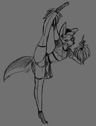 2020 anthro anthro_only black_and_white bottomwear bulge canid canine cheerleader clothing flexible fox furry gesture girly grey_background grin hi_res leg_warmers legwear male mammal middle_finger midriff monochrome neekokarina no_humans one_leg_up panties raised_leg simple_background sketch skirt smile solo splits spread_legs spreading standing_on_one_leg underwear vertical_splits