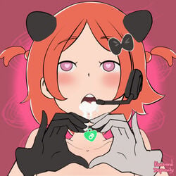 1boy cat_ears choker cum cum_in_mouth cute femboy girly gloves headset heart-shaped_pupils kansard_depravity male male_only orange_hair solo