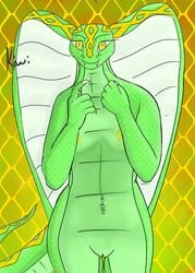 2020 anthro breasts cobra female genitals green_body green_skin hi_res immoveableguide kiwi_(immoveableguide) looking_at_viewer navel navel_piercing nipples nude piercing pussy reptile scalie simple_background snake snake_hood solo standing yellow_eyes