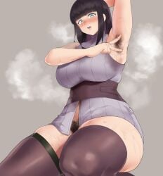 armpit_hair armpits arms_up big_breasts blush breasts female hyuuga_hinata pubic_hair solo spread_armpit steam sweat sweaty thick_thighs thighhighs yotahen