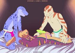 anthro bulge clothing derrick_(hextra) dinosaur erection erection_under_clothing hi_res jockstrap liam_(hextra) male male/male reptile scalie shiuk snake stefan_(hextra) underwear