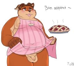 1boy 2020s 2025 anthro apron balls balls_bigger_than_penis belly belly_button big_balls big_belly blush blush_lines blushing brown_hair canid canine chubby chubby_anthro chubby_male clothing disney facial_tuft flaccid food foreskin fox genitals gideon_grey hi_res lifting lifting_own_clothes male mammal moobs nipples orange_body orange_fur overweight overweight_male pastry penis pie pink_apron simple_background small_penis solo solo_anthro solo_focus solo_male standing testicles tongue tongue_out toyaaaa_chub uncircumcised zootopia