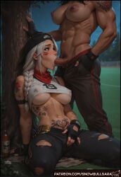 abs ai_generated ass bbc big_ass big_breasts big_penis black_futa blacked blowjob breasts dark-skinned_futa dark-skinned_futanari dark_skin fellatio futa_on_female futadom futanari futanari_penetrating muscle_futa muscle_mommy outdoors outside public_sex saliva snowbullsara sucking_penis