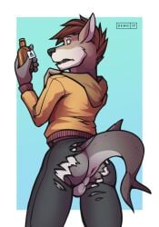 2017 anthro anus ass balls black_bottomwear black_clothing black_nose black_pants border bottle bottomwear brown_body brown_fur brown_hair canid canine canis clothing container d3mo domestic_dog ears_back fin fish fur genitals hair hi_res holding_bottle holding_container holding_object hoodie looking_back_at_self male mammal marine mid_transformation orange_clothing orange_hoodie orange_topwear pants perineum pivoted_ears shark shark_tail short_hair signature simple_background slim_male solo tail tail_fin tan_body tan_fur teeth tongue topwear torn_bottomwear torn_clothing torn_pants torn_underwear transformation underwear worried