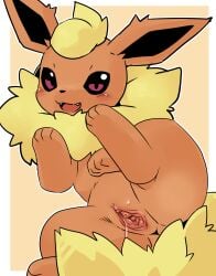 2025 4_fingers 4_toes anus black_inner_ear black_nose blush blush_lines bodily_fluids border digital_drawing_(artwork) digital_media_(artwork) dripping eeveelution fangs feet female female_feral feral fingers flareon fur gaping gaping_vagina generation_1_pokemon genital_fluids genitals glistening glistening_eyes hi_res humanoid_genitalia humanoid_genitalia_on_feral humanoid_vulva humanoid_vulva_on_feral looking_at_viewer multicolored_body multicolored_fur neck_tuft nintendo open_mouth orange_background orange_body orange_fur outline outside_border paws pink_eyes pointy_ears pokemon pokemon_(species) prick_ears pu_sukebe quadruped simple_background solo tail teeth toes tongue tuft two_tone_body two_tone_fur vaginal_fluid_drip vaginal_fluids vulva white_border white_outline yellow_body yellow_fur yellow_tail