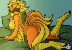 anthro avian beak bird breasts claws feathers female green_eyes jesterghastly looking_at_viewer nipples non-mammal_breasts non-mammal_nipples nude solo