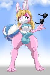 absurd_res anthro ball beach_ball big_breasts bikini blonde_hair blue_eyes breasts bulge claire_the_rabbit clothed clothing detailed_bulge digital_media_(artwork) erection erection_under_bikini erection_under_bottomwear erection_under_clothing eyewear feet fur futanari genitals hair hi_res holding_beach_ball holding_eyewear holding_object holding_sunglasses inflatable intersex lagomorph leporid mammal pink_body pink_fur rabbit shinmayjay solo sunglasses swimwear trans trans_woman two-piece_swimsuit