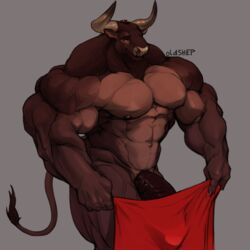 2020 5_fingers abs anthro biceps big_muscles big_penis bovid bovine brown_body brown_fur brown_horn brown_nipples brown_nose brown_penis cattle fingers flaccid fur genitals horn huge_cock huge_muscles humanoid_hands hyper hyper_genitalia hyper_muscles hyper_penis looking_at_viewer male male_only mammal muscular muscular_male nipples nude oldshep orange_eyes pecs penis solo standing thick_penis triceps vein veiny_penis