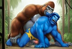 ai_generated all_fours anthro balls bara beast_(x-men) big_penis blue_body blue_skin blue_skinned_male boner brown_body brown_fur erection feral feral_on_anthro from_behind furry gorilla hank_mccoy implied_sex looking_back male male_only marvel marvel_comics muscles muscular nude on penis torn_clothes x-men yaoi