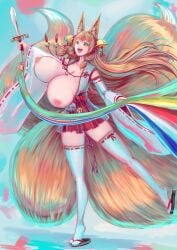 1girls animal_ears bell big_boobs big_breasts big_tits boobs breasts e_c_yuuki eyebrows_visible_through_hair female fox_ears fox_girl green_eyes green_eyes_female hourglass_figure huge_boobs huge_breast huge_tits large_boobs large_breasts large_tits legwear massive_boobs massive_breasts massive_tits monster_girl multi_tail multiple_tails nipples no_bra open_mouth original skirt sword thick_thighs thighhighs thighs tits woman