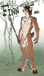 anthro antlers arm_tuft balls black_hair brown_antlers brown_body brown_fur brown_hair cobu deer elbow_tuft front_view full-length_portrait fur genitals gradient_hair green_eyes hair hi_res holding_melee_weapon holding_object holding_polearm holding_spear holding_weapon horn humanoid_genitalia humanoid_penis jewelry leg_scar male male_anthro mammal melee_weapon mouth_closed navel necklace nipples nude penis pink_nipples pink_penis polearm portrait scar shoulder_tuft signature solo spear standing tan_balls tan_body tan_fur tuft weapon