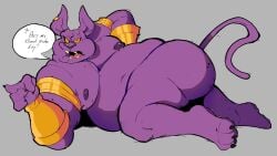 anthro armlet ass belly champa cross-popping_vein dragon_ball dragon_ball_super ear_piercing ear_ring english_text hi_res inverted_nipples jewelry junemutt lying male moobs nipples nude on_side overweight piercing purple_body ring_piercing solo text yellow_sclera