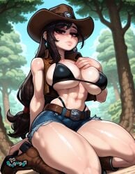 1girls abs ai_generated belt bikini black_bikini black_hair boots breasts brown_footwear brown_hair brown_headwear brown_vest cleavage cowboy_boots cowboy_hat curvy day denim denim_shorts earrings final_fantasy hat jewelry kneeling large_breasts lips long_hair looking_at_viewer low_tied_long_hair muscular muscular_female navel outdoors pengu997 red_eyes short_shorts shorts sitting solo sweat swimsuit thick_thighs thighs tifa_lockhart tree underboob vest