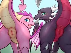 4:3 activision anus blush cynder dragon duo ember_(spyro) female feral genitals hi_res horn k-dra61 looking_back mythological_creature mythological_scalie mythology nude pink_body scalie smile spyro_the_dragon tail thick_thighs vulva wings