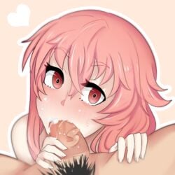 blush cum cum_in_mouth eye_contact fellatio female gasai_yuno mirai_nikki oral orekifag penis pink_eyes pink_hair pov sucking_penis teenager yandere