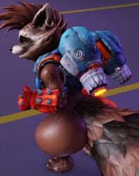2025 3d_(artwork) 3d_animation 4_fingers animated anthro ass big_butt black_nose blue_clothing blue_topwear bottomless bottomless_anthro bottomless_male brown_body brown_fur brown_hair clothed clothing digital_media_(artwork) ear_piercing empty_eyes explosion fangs fingers fur gesture gloves guardians_of_the_galaxy hair hand_gesture handwear hi_res jet_pack looking_back male mammal marvel marvel_rivals mohawk no_sound orange_clothing orange_gloves orange_handwear piercing procyonid raccoon rear_view red_eyes rocket_raccoon rocket_raccoon_(marvel_rivals) solo spiked_gloves spikes standing tagme tail tail_motion tailwag teeth thumbs_up tongue tongue_out topwear video video willie_piv