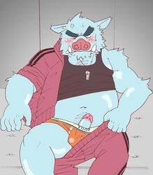 2009 angry anthro bed belly blue_body blush bottomwear bulge clothing furniture genitals humanoid_hands kemono male male_only mammal navel pants penis ryuta-h shirt sitting slightly_chubby solo suid suina sus_(pig) topwear underwear wild_boar