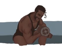 1boy ahoge barbell black_body black_hair demoman demoman_(team_fortress_2) leotard male male_only mge mge_brother muscular muscular_male sogeki16 solo team_fortress_2 tf2 tick_tock_meme weight_lifting
