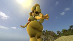 2020 3d animal_crossing anthro ass beach big_breasts blush breasts canid canine canis cloud digital_media_(artwork) domestic_dog female fur hair half-closed_eyes hi_res isabelle_(animal_crossing) light looking_at_viewer mammal narrowed_eyes nintendo nipples nude outside palm_tree presenting presenting_hindquarters reaching_towards_viewer rear_view sand seaside shih_tzu sky smile solo source_filmmaker standing sun sunlight toy_dog tree video_games