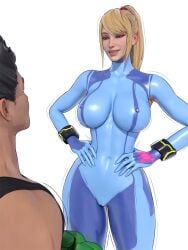 1boy 1girls 3d big_breasts blonde_hair body_paint bodypaint breasts cameltoe exhibitionism female female_focus large_breasts little_mac male nipple_bulge nipples painted_clothes ponytail popogori public_nudity pussy samus_aran straight taller_female taller_girl visible_nipples visible_pussy zero_suit_samus