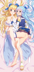 2girls aqua_(konosuba) ass bangs bare_shoulders barefoot blonde_hair blue_bow blue_dress blue_eyes blue_hair blush bow breasts bubu_(pixiv_44885189) crossover dakimakura detached_sleeves dress feet female female_only goddess hair_intakes hair_ornament hair_rings hairbow high_resolution kono_subarashii_sekai_ni_shukufuku_wo! kono_yuusha_ga_ore_tueee_kuse_ni_shinchou_sugiru large_breasts long_hair long_sleeves looking_at_viewer lying multiple_girls nipples nopan on_back open_mouth purple_eyes ristarte_(kono_yuusha_ga_ore_tueee_kuse_ni_shinchou_sugiru) skirt smile socks soles thigh_socks thighhighs toes very_long_hair white_dress white_socks yuri