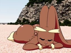 2d anthro ass beach big_ass big_butt black_eyelashes bottom_heavy bouncing_breasts breasts brown_fur bubble_ass bubble_butt closed_eyes digital_drawing digital_media duplicate eyelashes female female female_only furry furry_only generation_4_pokemon hips_wider_than_shoulders huge_ass huge_butt huge_ears large_ears lopunny lying lying_on_stomach mountain nintendo outdoors pink_nose pokemon pokemon_(species) sand smile solo tail tansau thick_thighs wide_hips