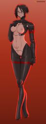 armwear big_breasts black_bodysuit black_hair blue_pussy bodysuit breasts breasts_out casual elster_(signalis) emp_lines exposed_nipples exposed_pussy exposed_torso female fugubarakun handwear_and_footwear_only legwear lewdnator light-skinned_female light_skin no_bra no_feet no_pants pale-skinned_female pale_skin pussy robot_girl short_hair signalis solo_female