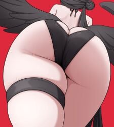absurdres ass ass_focus bikini black_bikini black_hair black_wings blue_archive female hair_bun hasumi_(blue_archive) hasumi_(swimsuit)_(blue_archive) highres huge_ass red_background ryusei_(coupling_maker) solo swimsuit thick_thighs thigh_strap thighs wide_hips wings