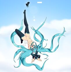 1girls armpits bandages belly belly_button blue_eyes blue_hair breasts feet feet_up half_dressed hatsune_miku in_the_air nude outwardgalaxy pasties small_breasts thick_thighs thighhighs upside-down vocaloid