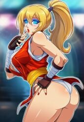 ai_generated bimbo blonde_hair blue_eyeshadow fatal_fury feminization hypnosis king_of_fighters maki_genryusai maki_genryusai_(cosplay) mascara red_lipstick rule_63 sano-br snk street_fighter terry_bogard