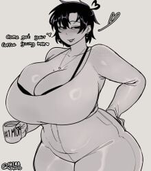 1girls akira404040 asian_female beauty_mark breasts busty chubby cleavage clothing coffee english_text female female_only huge_ass huge_breasts light-skinned_female light_skin mature_female milf monochrome neru_(akira404040) text thick thick_ass thick_thighs wide_hips