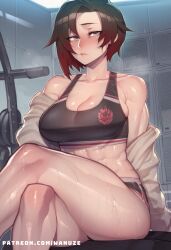 1girls ai_generated big_ass big_breasts big_butt big_thighs black_hair blush breasts crop_top crossed_legs female female_only grey_eyes gym gym_uniform huge_ass huge_breasts huge_butt huge_thighs multicolored_hair ruby_rose rwby sitting solo sports_bra sportswear sweat sweatdrop wanuze wide_hips