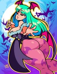 1girls artist_signature bare_shoulders bat_wings bats big_breasts bubble_butt busty capcom darkstalkers green_hair large_ass light-skinned_female light_skin morrigan_aensland sgtmadness small_waist succubus thick_thighs tights wide_hips