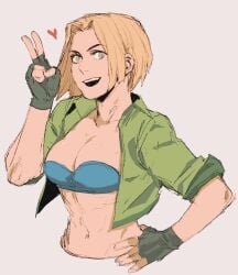 1girls abs amazon black_gloves blonde_hair blue_bra blue_mary bob_cut bra fatal_fury fatal_fury:_city_of_the_wolves female female_focus female_only fingerless_gloves gloves hand_on_hip heart heart_symbol hi_res high_resolution highres jacket king_of_fighters king_of_fighters_xv kof light-skinned_female light_skin looking_at_viewer love_heart medium_breasts medium_hair muscles muscular muscular_female open_mouth pale-skinned_female pale_skin peace_sign perky_breasts pinup pose posing shoulder_length_hair skimpy skimpy_clothes smile smiling smiling_at_viewer snk solo solo_female solo_focus standing the_king_of_fighters tirtyturtle tomboy toned toned_body toned_female toned_stomach v very_high_resolution