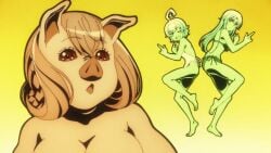 anthro aqua_(tsuki_ga_michibiku_isekai_douchuu) blonde_hair blush breasts clothing domestic_pig ema_(tsuki_ga_michibiku_isekai_douchuu) eris_(tsuki_ga_michibiku_isekai_douchuu) female female_only fur furry furry_female hair hi_res looking_at_viewer mammal pig pig_girl pink_body pink_skin screencap suid suina sus_(pig) tsuki_ga_michibiku_isekai_douchuu