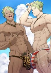 2boys abs american_flag bara fit_male gay gay_male homosexual kakenari leopard_print male male_only muscles muscular muscular_male partially_clothed partially_nude thong yaoi