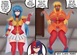 2girls after_transformation alear_(fire_emblem) alear_(fire_emblem)_(female) bare_shoulders before_and_after before_transformation big_lips bimbo bimbo_body bimbo_lips bimbofication bimbofied blonde_hair blue_aura blue_eye blue_gloves blue_hair blue_heels blue_lips blue_lipstick blue_nail_polish blue_nails boots breast_expansion breast_plate breasts_bigger_than_head brown-skinned_female brown_skin brown_skinned_female cape choker cleavage clothed clothed_female clothing eirika_(fire_emblem) emblem_(fire_emblem) english english_text eyeshadow female female_only fingerless_gloves fire_emblem fire_emblem:_the_sacred_stones fire_emblem_engage full_lips gloves heels heterochromia hinata-hime huge_breasts light-skinned_female light_skin light_skinned_female lipstick long_boots long_fingerless_gloves long_gloves long_hair long_nails medium_breasts nail_polish nintendo panties platform_heels plump_lips red_boots red_choker red_eye red_fingerless_gloves red_gloves red_hair red_long_gloves red_panties red_shirt red_stockings ring ring_(jewelry) shirt skirt speech_bubble stockings tan-skinned_female tan_body tan_skin tan_skinned_female tanned tanned-skinned_female tanned_female tanned_skin text text_box text_bubble thick_thighs tiara transformation two_tone_hair voluptuous voluptuous_female white_cape white_skirt wide_hips yellow_eyeshadow
