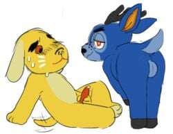 animal_crossing anthro antlers ass backsack balls bam_(animal_crossing) benjamin_(animal_crossing) blue_body blue_fur bodily_fluids canid canine canis cervid domestic_dog duo erection fur furry genital_fluids genitals hooves horn looking_back male male/male male_only mammal masturbation nintendo nozoku penis precum presenting presenting_hindquarters tapering_penis video_games