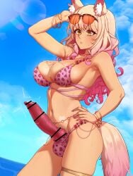 1futa absurdres animal_ear_fluff animal_ears animal_penis animal_print armpit_crease bangle bar_censor belly_chain bikini blonde_hair blue_sky blush bracelet breasts canine_penis censored closed_mouth clothed clothing commentary contrapposto cowboy_shot day dog_penis english_commentary erection eyeshadow eyewear_on_head fate/grand_order fate_(series) female fingernails fox_ears fox_girl fox_tail futa_only futanari gradient_hair gyaru hand_on_own_hip hand_up heart highres humanoid intersex jewelry kemonomimi knotted_penis large_breasts large_penis leopard_print leopard_print_bikini long_hair looking_down makeup mostly_nude multicolored_hair nail_polish navel necklace outdoors over-rim_eyewear penis pink_bikini pink_hair pink_nails precum semi-rimless_eyewear sidelocks skindentation sky slit_pupils solo suggestive_fluid sunglasses sunlight suzuka_gozen_(fate) suzuka_gozen_(second_ascension) suzuka_gozen_(swimsuit_rider) sweat sweatdrop swimsuit tail tan tan_tattoo thighlet todding two-tone_hair water wavy_hair yellow_eyes