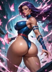 ai_generated asian_female athletic_female aura betsy_braddock blue_eyes blue_leotard breasts butterflies curvy_female elizabeth_braddock female female_focus female_only huge_ass huge_breasts kunoichi leotard looking_back_at_viewer marvel marvel_comics moonchild41 mutant_(marvel) ninja pink_energy pink_lipstick posing_for_the_viewer promptchan.ai psychic psychic_powers psylocke purple_hair sexy_pose thick_thighs x-men