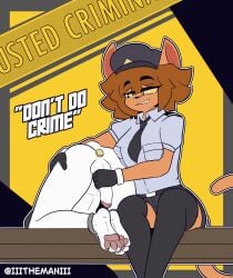 animated anthro breasts buttplug clothing cuffed_ankles curling_toes duo english_text feet felid feline female femboy fur genitals gloves hair handwear hi_res legwear male male/female mammal necktie paws penile penis penis_milking plug_(sex_toy) police police_uniform sex_toy sitting smile tail tail_motion tailwag text the_boy_(the_man) the_man thigh_highs uniform white_body