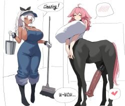 2girls absurdres ahoge animal_penis blue_overalls breasts bucket centaur closed_eyes closed_mouth commentary_request dark-skinned_female dark_skin english_text erection futanari gloves hair_between_eyes heart highres holding holding_bucket holding_mop horse_penis huge_breasts huge_cock korean_commentary long_hair mop multiple_girls original overalls penis pink_hair speech_bubble spoken_blush spoken_heart standing taur uncensored white_gloves white_hair xipa
