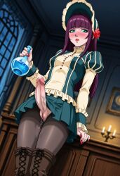 1girls ai_generated blue_eyes blunt_bangs blush castlevania castlevania:_portrait_of_ruin dress embarrassed erect_penis erection female female_only futa_sans_balls futanari green_dress hat indoors intersex long_hair long_penis loretta_lecarde mansion pale-skinned_female pale_skin pantyhose penis potion potion_bottle purple_hair pussy red_lipstick