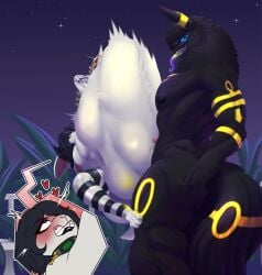 absurd_res anthro anubis anubis_rose_(character) arm_tattoo ass balls big_balls big_dom_small_sub bulge butt_tattoo canid canine chest_tattoo collar cybernetic_arm cybernetic_limb cybernetics deity dominant duo eeveelution egyptian_mythology eyewear forearm_tattoo forearms generation_2_pokemon genitals glasses glowing glowing_genitalia glowing_markings glowing_tattoo glowing_tongue hi_res huge_balls hyper hyper_abdominal_bulge kafiro_element lagomorph leporid long_tongue looking_pleasured machine male male/male mammal markings middle_eastern_mythology muscular muscular_male mythological_canine mythological_creature mythology nintendo papaya_(character) papayathebun penetration pokemon pokemon_(species) rabbit ridiculous_fit sex size_difference stomach_bulge tail tattoo text tongue tongue_out umbreon werecanid werecanine werecreature werewolf