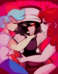 1girls 2boys ahoge auburn_hair big_breasts bisexual_panic black_eyes blush boyfriend_(friday_night_funkin) breath breath_cloud brown_hair closed_eyes clothing cyan_hair ear friday_night_funkin friday_night_funkin_lullaby girlfriend_(friday_night_funkin) glitchy_red hand_on_breast hand_on_chest holding_head hypnos_lullaby licking licking_ear nail_polish naughtyrose one_eye_closed red_eyes sitting_on_person size_difference small_dom_big_sub steam suggestive sweat sweatdrop teasing tongue tongue_out twitch_lines